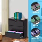 3-Drawer Lateral File Cabinet with Lock, Metal Storage Organizer for Letter/Legal/A4 Files, Space-Saving Black Office Cabinet