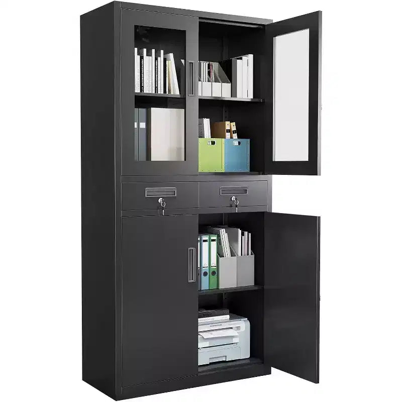 71 Storage Cabinet with Glass Doors, Adjustable Shelves and Lockable Drawers, Vertical Metal Organizer for Home Office, Garage, Utility Room