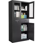 71 Storage Cabinet with Glass Doors, Adjustable Shelves and Lockable Drawers, Vertical Metal Organizer for Home Office, Garage, Utility Room
