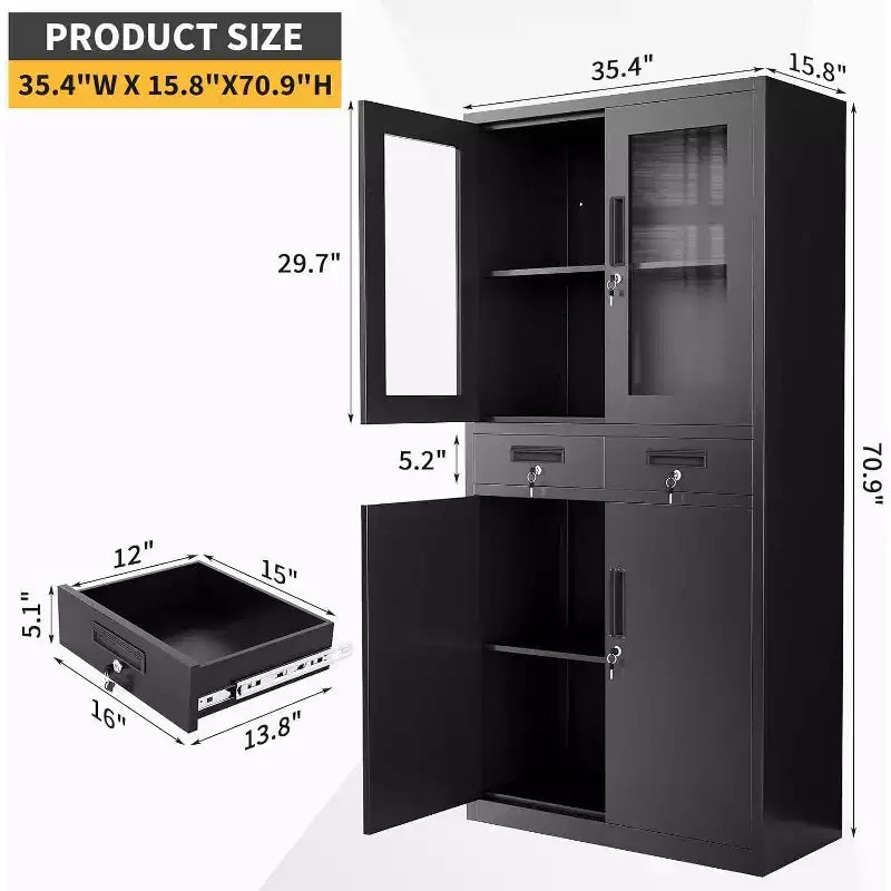 71 Storage Cabinet with Glass Doors, Adjustable Shelves and Lockable Drawers, Vertical Metal Organizer for Home Office, Garage, Utility Room