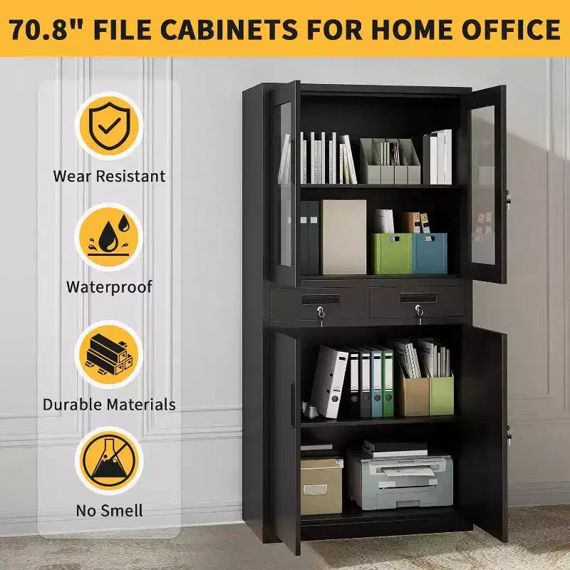 71 Storage Cabinet with Glass Doors, Adjustable Shelves and Lockable Drawers, Vertical Metal Organizer for Home Office, Garage, Utility Room