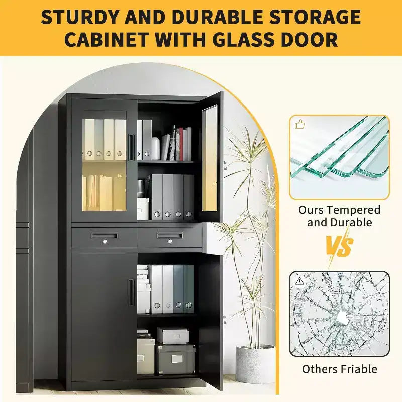 71 Storage Cabinet with Glass Doors, Adjustable Shelves and Lockable Drawers, Vertical Metal Organizer for Home Office, Garage, Utility Room