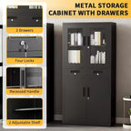 71 Storage Cabinet with Glass Doors, Adjustable Shelves and Lockable Drawers, Vertical Metal Organizer for Home Office, Garage, Utility Room