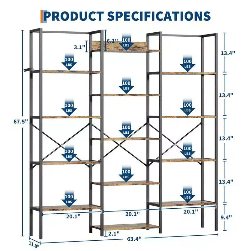 Triple Column 5 Tier Industrial Bookshelf, Bookcase with 14 Display Shelves, Modern Wide Large Book Shelf Book Case for Living Room, Home
