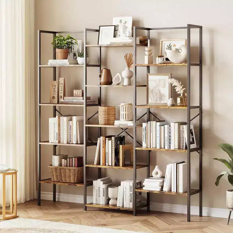 Triple Column 5 Tier Industrial Bookshelf, Bookcase with 14 Display Shelves, Modern Wide Large Book Shelf Book Case for Living Room, Home