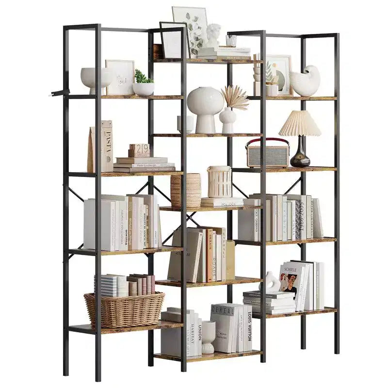 Triple Column 5 Tier Industrial Bookshelf, Bookcase with 14 Display Shelves, Modern Wide Large Book Shelf Book Case for Living Room, Home