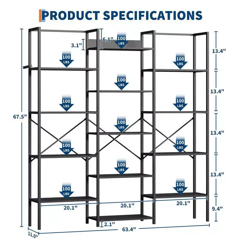 Triple Column 5 Tier Industrial Bookshelf, Bookcase with 14 Display Shelves, Modern Wide Large Book Shelf Book Case for Living Room, Home