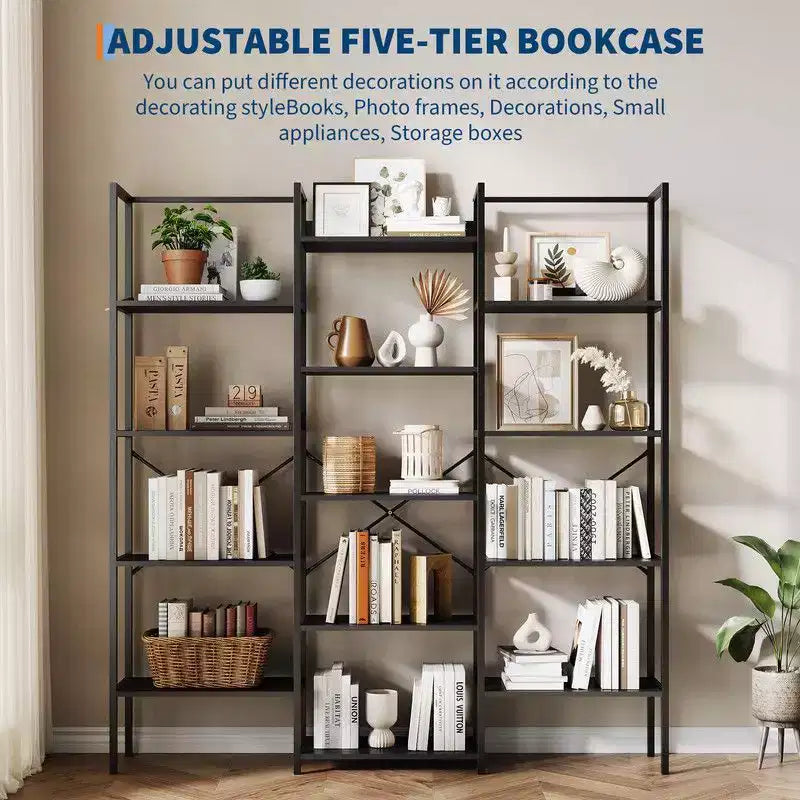 Triple Column 5 Tier Industrial Bookshelf, Bookcase with 14 Display Shelves, Modern Wide Large Book Shelf Book Case for Living Room, Home