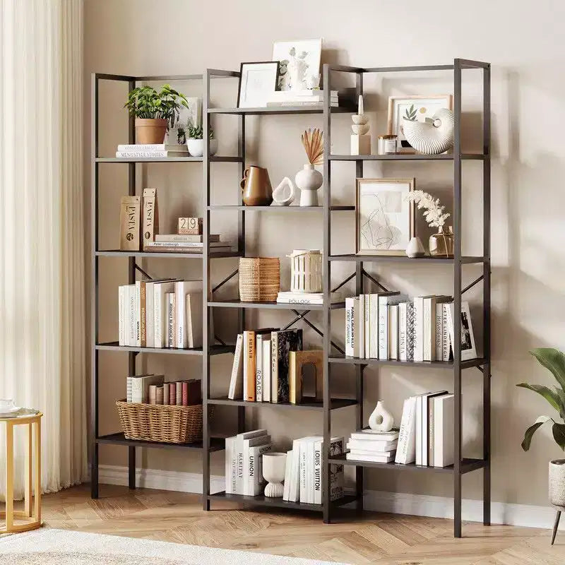 Triple Column 5 Tier Industrial Bookshelf, Bookcase with 14 Display Shelves, Modern Wide Large Book Shelf Book Case for Living Room, Home