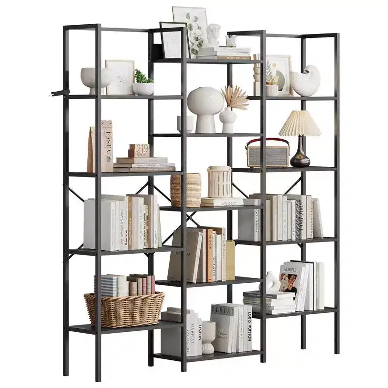 Triple Column 5 Tier Industrial Bookshelf, Bookcase with 14 Display Shelves, Modern Wide Large Book Shelf Book Case for Living Room, Home
