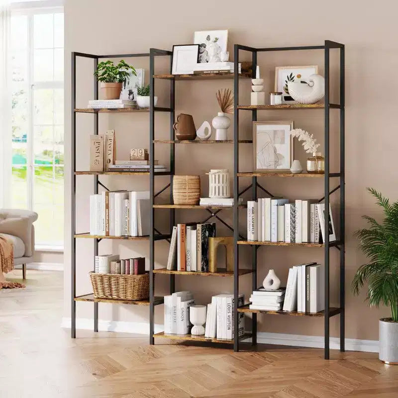Triple Column 5 Tier Industrial Bookshelf, Bookcase with 14 Display Shelves, Modern Wide Large Book Shelf Book Case for Living Room, Home