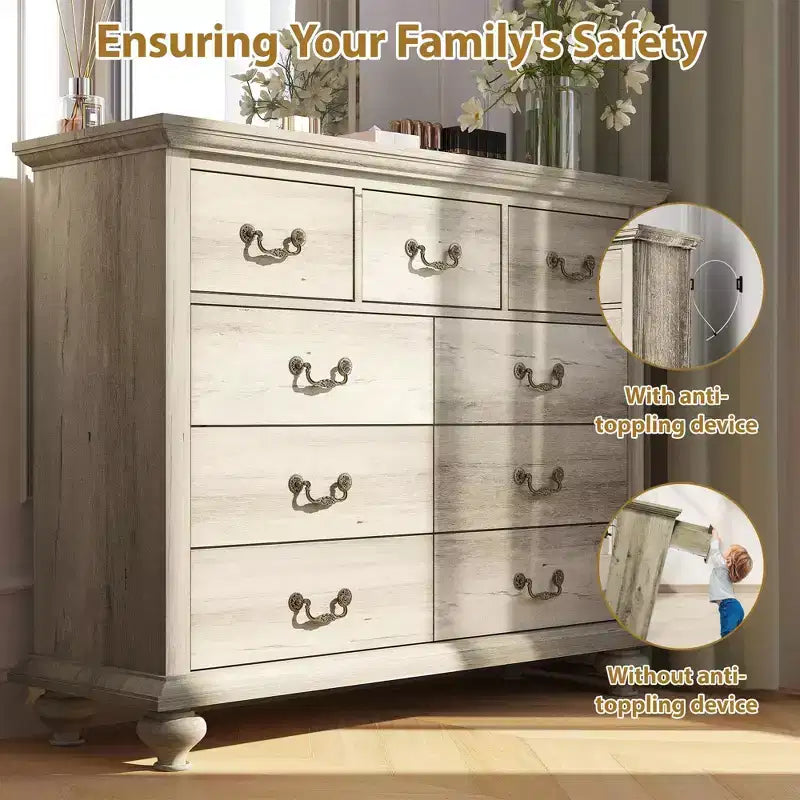 9 Drawers Dresser, Wood Rustic Chest of Drawers with Metal Handles, Storage Organizer for Bedroom, Living Room