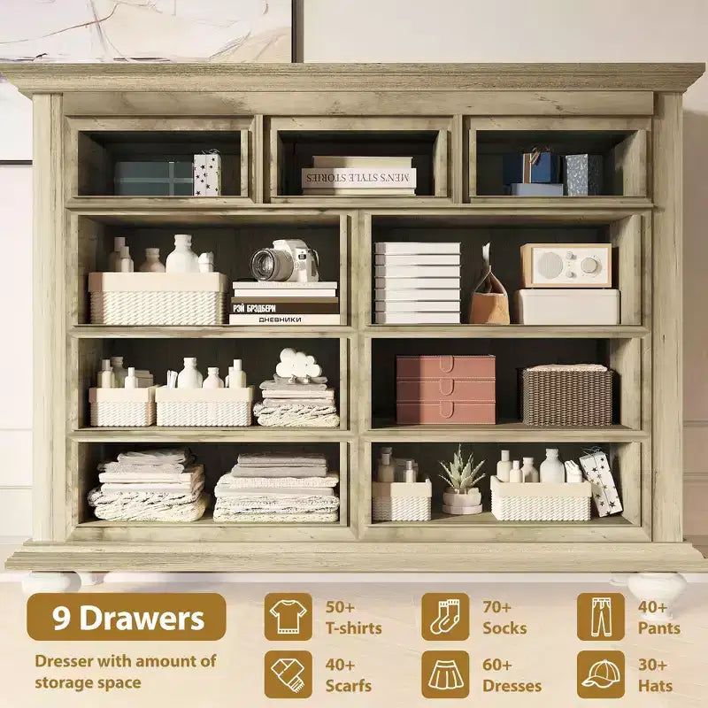 9 Drawers Dresser, Wood Rustic Chest of Drawers with Metal Handles, Storage Organizer for Bedroom, Living Room