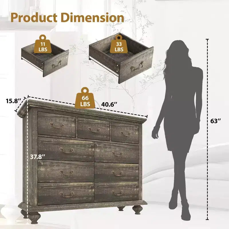 9 Drawers Dresser, Wood Rustic Chest of Drawers with Metal Handles, Storage Organizer for Bedroom, Living Room