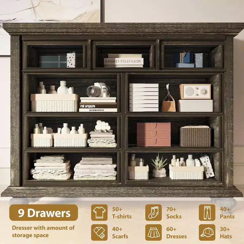 9 Drawers Dresser, Wood Rustic Chest of Drawers with Metal Handles, Storage Organizer for Bedroom, Living Room