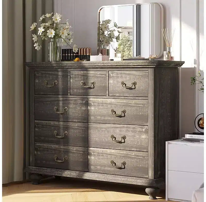 9 Drawers Dresser, Wood Rustic Chest of Drawers with Metal Handles, Storage Organizer for Bedroom, Living Room