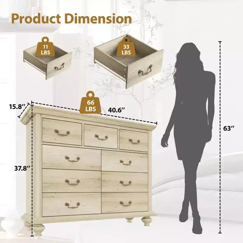 9 Drawers Dresser, Wood Rustic Chest of Drawers with Metal Handles, Storage Organizer for Bedroom, Living Room