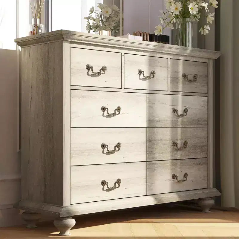 9 Drawers Dresser, Wood Rustic Chest of Drawers with Metal Handles, Storage Organizer for Bedroom, Living Room