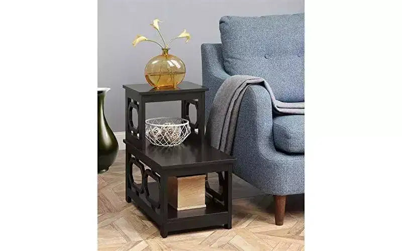 Belmont 2 Step Chairside End Table with L Shaped Frame and Octagon Side Panels, Three Tier Storage Accent Table for Living Room