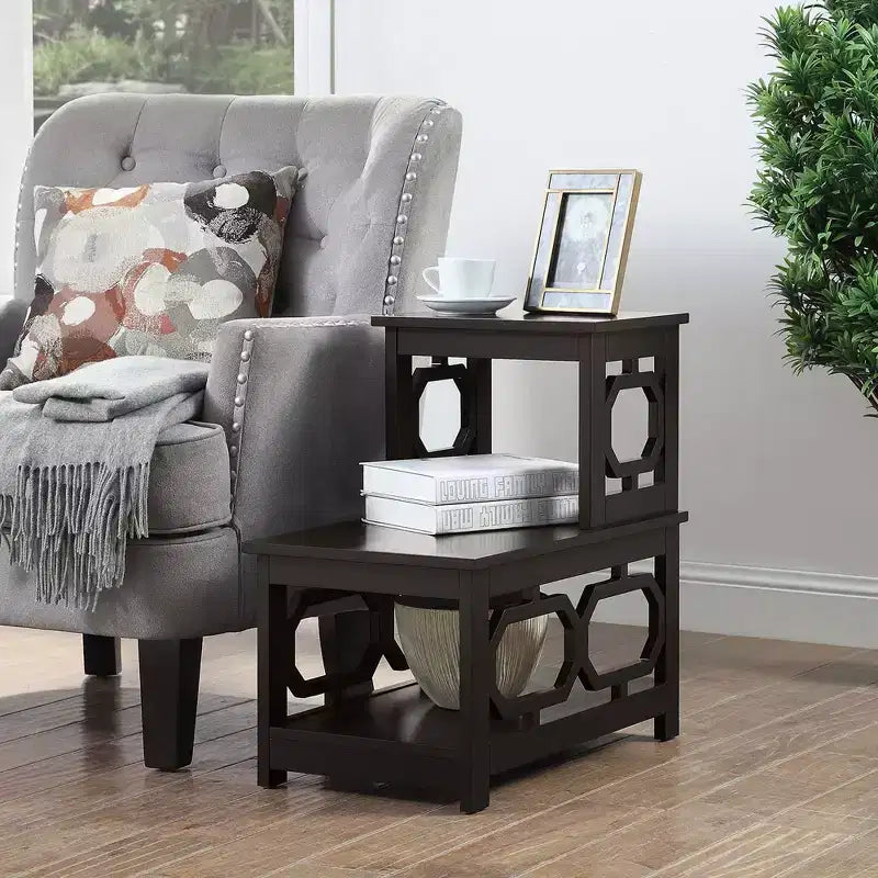 Belmont 2 Step Chairside End Table with L Shaped Frame and Octagon Side Panels, Three Tier Storage Accent Table for Living Room