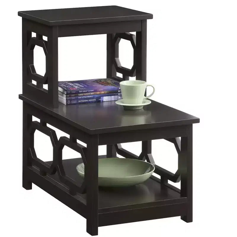 Belmont 2 Step Chairside End Table with L Shaped Frame and Octagon Side Panels, Three Tier Storage Accent Table for Living Room