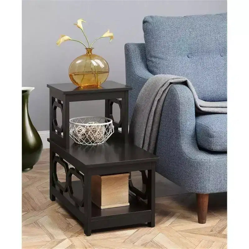 Belmont 2 Step Chairside End Table with L Shaped Frame and Octagon Side Panels, Three Tier Storage Accent Table for Living Room
