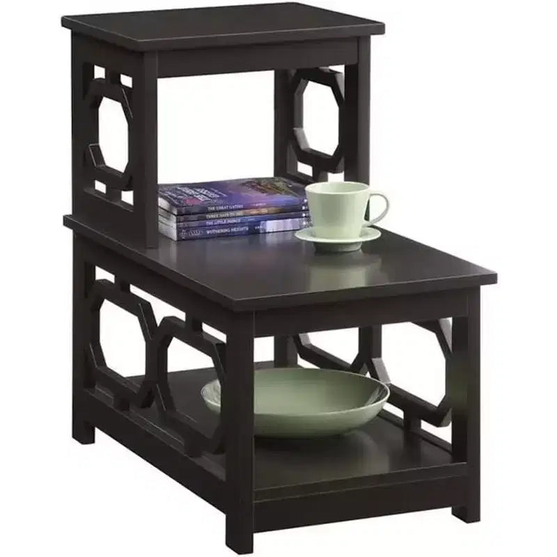 Belmont 2 Step Chairside End Table with L Shaped Frame and Octagon Side Panels, Three Tier Storage Accent Table for Living Room