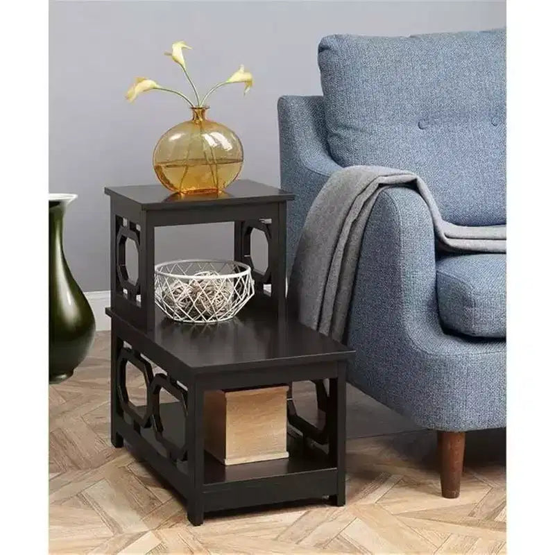 Belmont 2 Step Chairside End Table with L Shaped Frame and Octagon Side Panels, Three Tier Storage Accent Table for Living Room