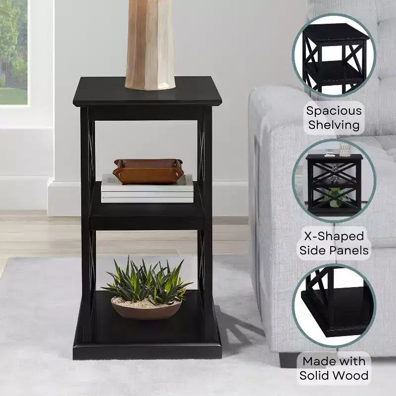 Belmont Chairside End Table with Shelves Stylish Double X Frame Three-Tier Storage Accent Table for Transitional Home Dcor