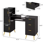 Portable Nail Desk with Drawers, Manicure Table Nail Desk for Nail Teck w/Glass Top and Wrist Rest, Nail Station Desk Metal Handles & Legs