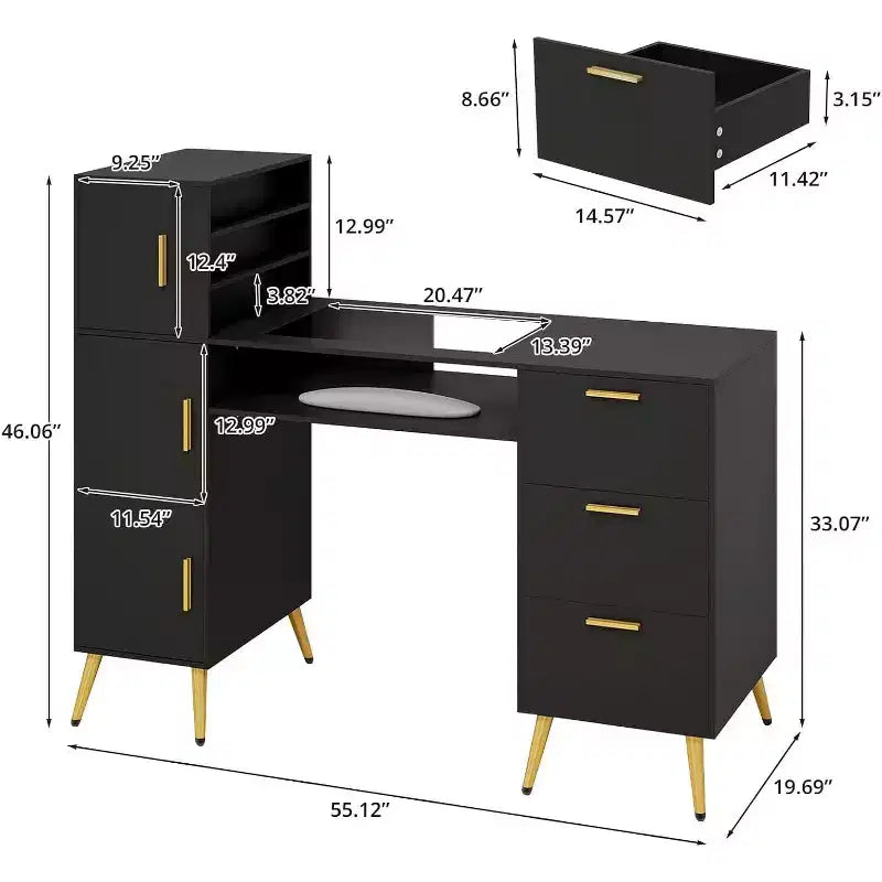 Portable Nail Desk with Drawers, Manicure Table Nail Desk for Nail Teck w/Glass Top and Wrist Rest, Nail Station Desk Metal Handles & Legs