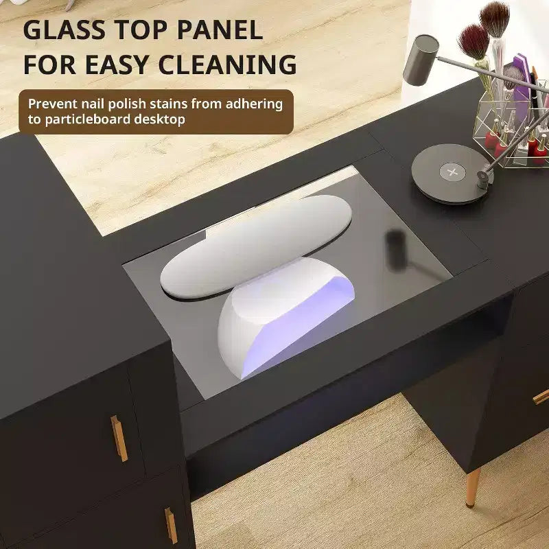 Portable Nail Desk with Drawers, Manicure Table Nail Desk for Nail Teck w/Glass Top and Wrist Rest, Nail Station Desk Metal Handles & Legs