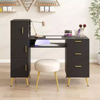 Portable Nail Desk with Drawers, Manicure Table Nail Desk for Nail Teck w/Glass Top and Wrist Rest, Nail Station Desk Metal Handles & Legs