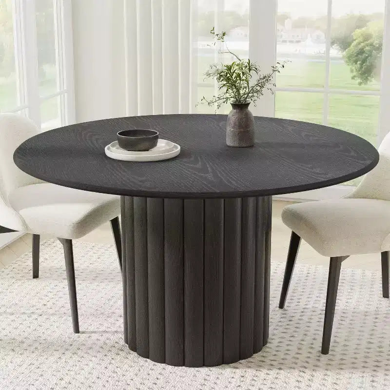 52 Wood Round Dining Table Kitchen Table for 4-6 with Arc-Shaped Edge Top & Fluted Pedestal for Living/Dining Room Coffee Office Black