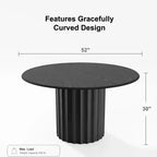 52 Wood Round Dining Table Kitchen Table for 4-6 with Arc-Shaped Edge Top & Fluted Pedestal for Living/Dining Room Coffee Office Black