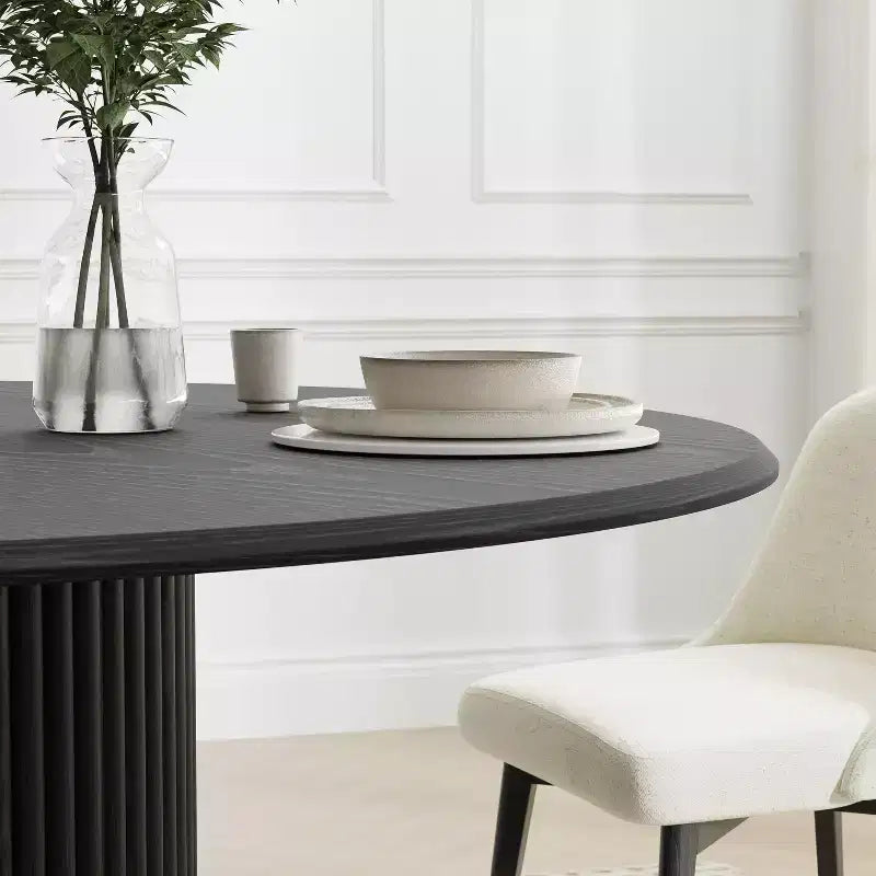 52 Wood Round Dining Table Kitchen Table for 4-6 with Arc-Shaped Edge Top & Fluted Pedestal for Living/Dining Room Coffee Office Black