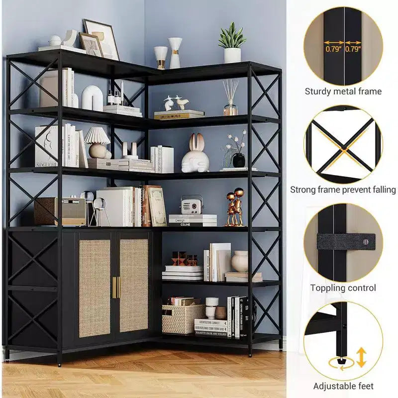 6 Tier Corner Bookshelf, Industrial Etagere Bookcase, Large L Shaped Storage Display Shelf for Home Office, Living Room, Kitchen