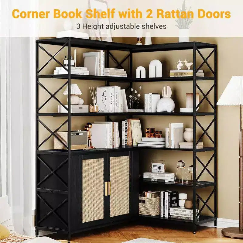 6 Tier Corner Bookshelf, Industrial Etagere Bookcase, Large L Shaped Storage Display Shelf for Home Office, Living Room, Kitchen
