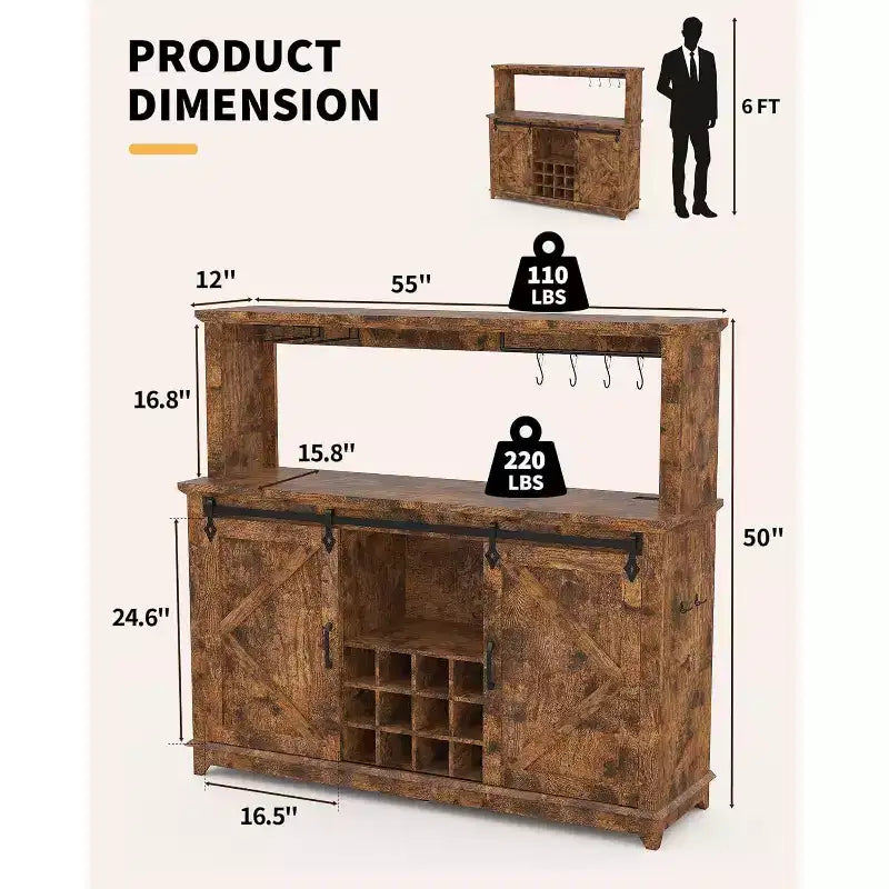 55 Farmhouse Coffee Bar Cabinet w/ Power Outlet & LED Lights - Sliding Barn Door, Wine Rack, USB Charging Station | Black/Brown/White