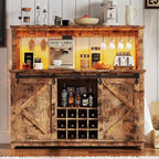 55 Farmhouse Coffee Bar Cabinet w/ Power Outlet & LED Lights - Sliding Barn Door, Wine Rack, USB Charging Station | Black/Brown/White