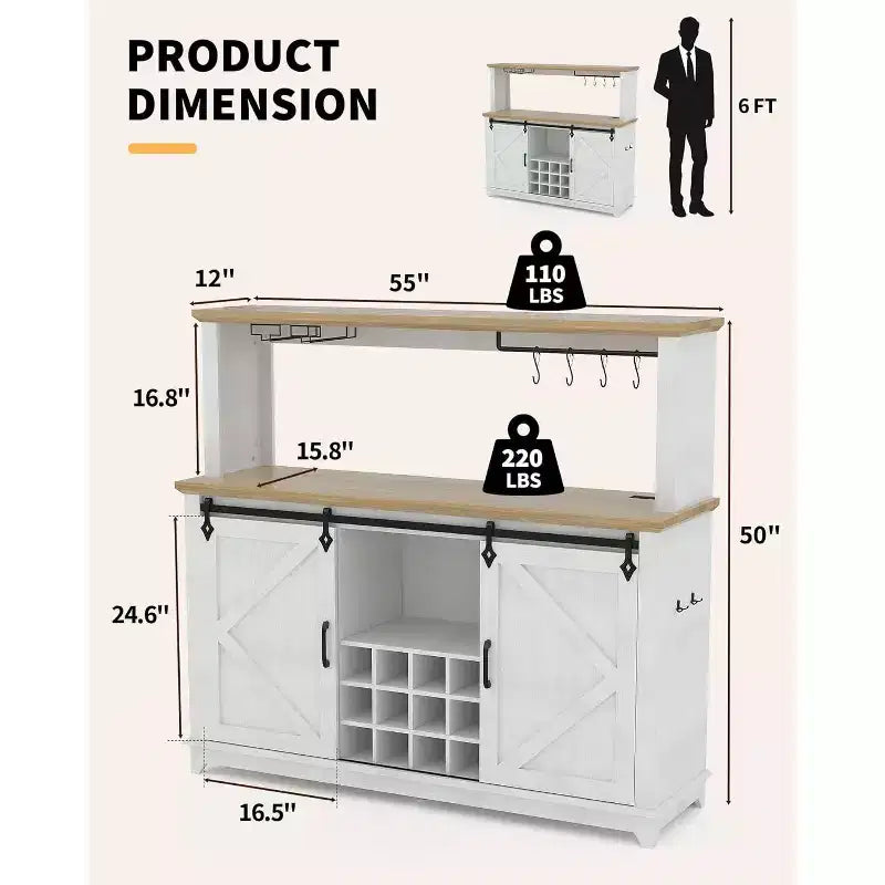 55 Farmhouse Coffee Bar Cabinet w/ Power Outlet & LED Lights - Sliding Barn Door, Wine Rack, USB Charging Station | Black/Brown/White