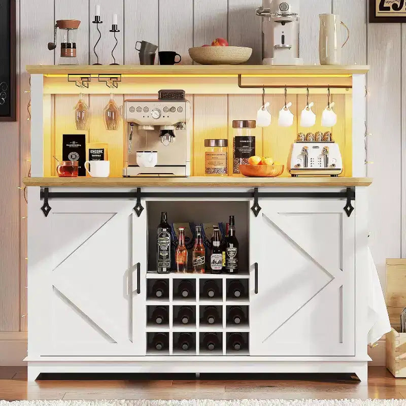 55 Farmhouse Coffee Bar Cabinet w/ Power Outlet & LED Lights - Sliding Barn Door, Wine Rack, USB Charging Station | Black/Brown/White
