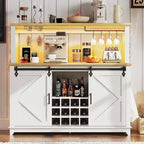 55 Farmhouse Coffee Bar Cabinet w/ Power Outlet & LED Lights - Sliding Barn Door, Wine Rack, USB Charging Station | Black/Brown/White