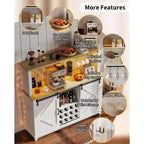55 Farmhouse Coffee Bar Cabinet w/ Power Outlet & LED Lights - Sliding Barn Door, Wine Rack, USB Charging Station | Black/Brown/White