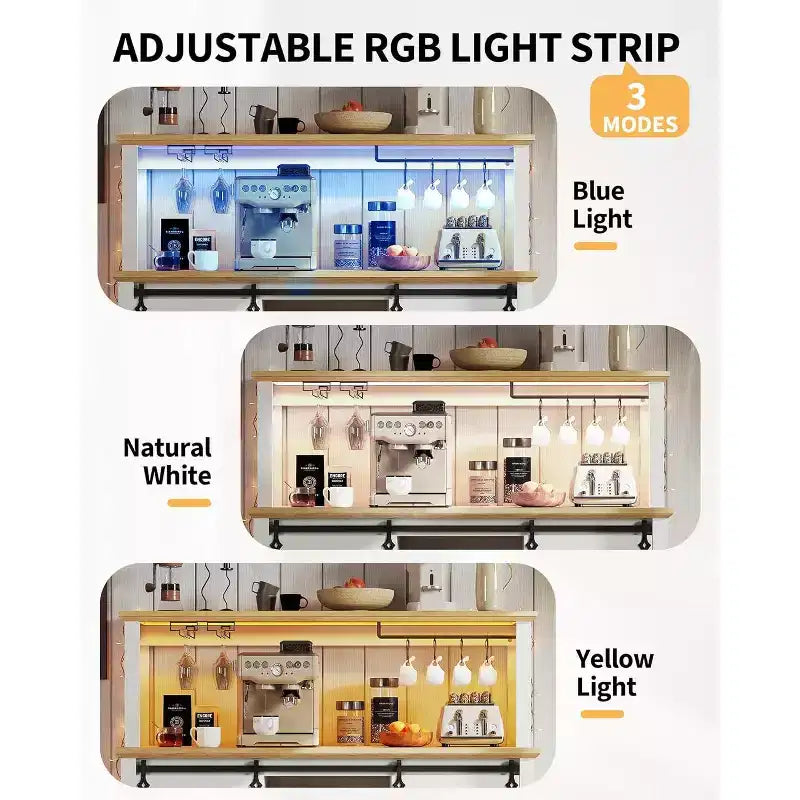 55 Farmhouse Coffee Bar Cabinet w/ Power Outlet & LED Lights - Sliding Barn Door, Wine Rack, USB Charging Station | Black/Brown/White