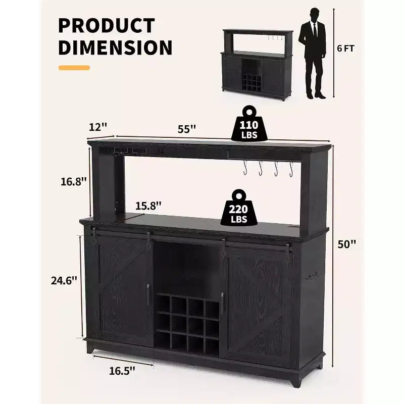 55 Farmhouse Coffee Bar Cabinet w/ Power Outlet & LED Lights - Sliding Barn Door, Wine Rack, USB Charging Station | Black/Brown/White