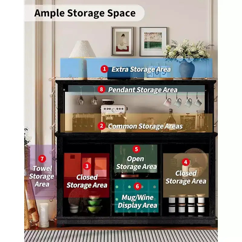 55 Farmhouse Coffee Bar Cabinet w/ Power Outlet & LED Lights - Sliding Barn Door, Wine Rack, USB Charging Station | Black/Brown/White