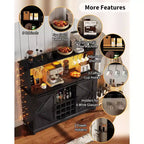 55 Farmhouse Coffee Bar Cabinet w/ Power Outlet & LED Lights - Sliding Barn Door, Wine Rack, USB Charging Station | Black/Brown/White