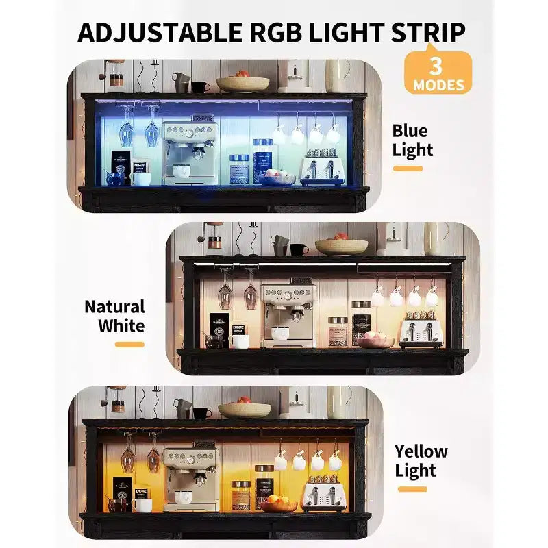 55 Farmhouse Coffee Bar Cabinet w/ Power Outlet & LED Lights - Sliding Barn Door, Wine Rack, USB Charging Station | Black/Brown/White
