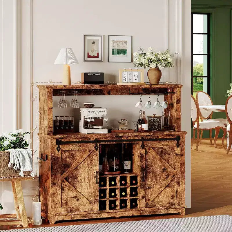55 Farmhouse Coffee Bar Cabinet w/ Power Outlet & LED Lights - Sliding Barn Door, Wine Rack, USB Charging Station | Black/Brown/White